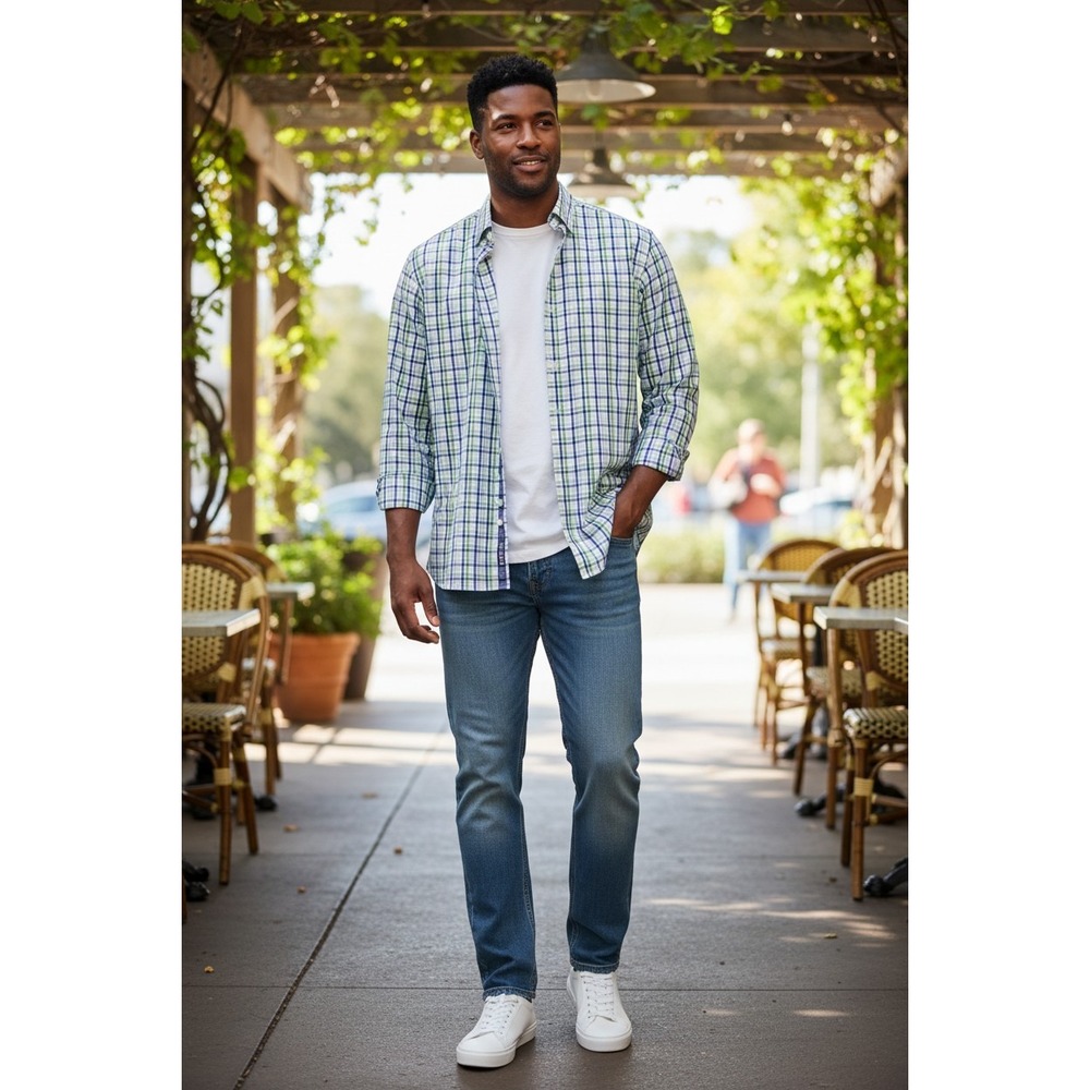 Banana Republic Button Down Green Blue Plaid Non-Iron Slim Fit 16-16.5 Size L